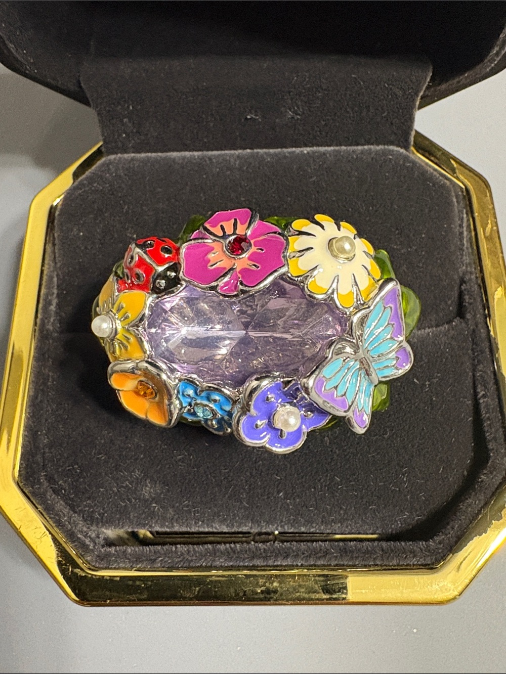 Floral Butterfly Statement Double Finger Statement Ring with Lavender Center